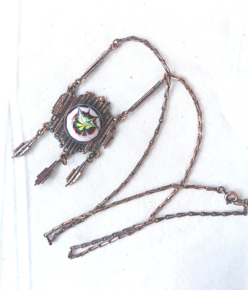Mid Century Modern Brutalist Enameled Copper Fringe Necklace