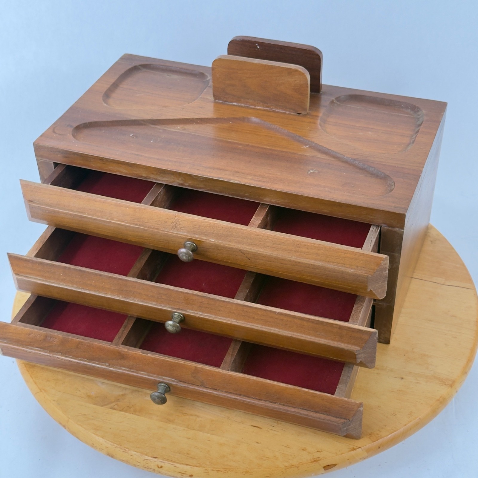 Mid Century Walnut Wood Desk Organizer Jewelry Desk Valet Box w Drawers Catchall
