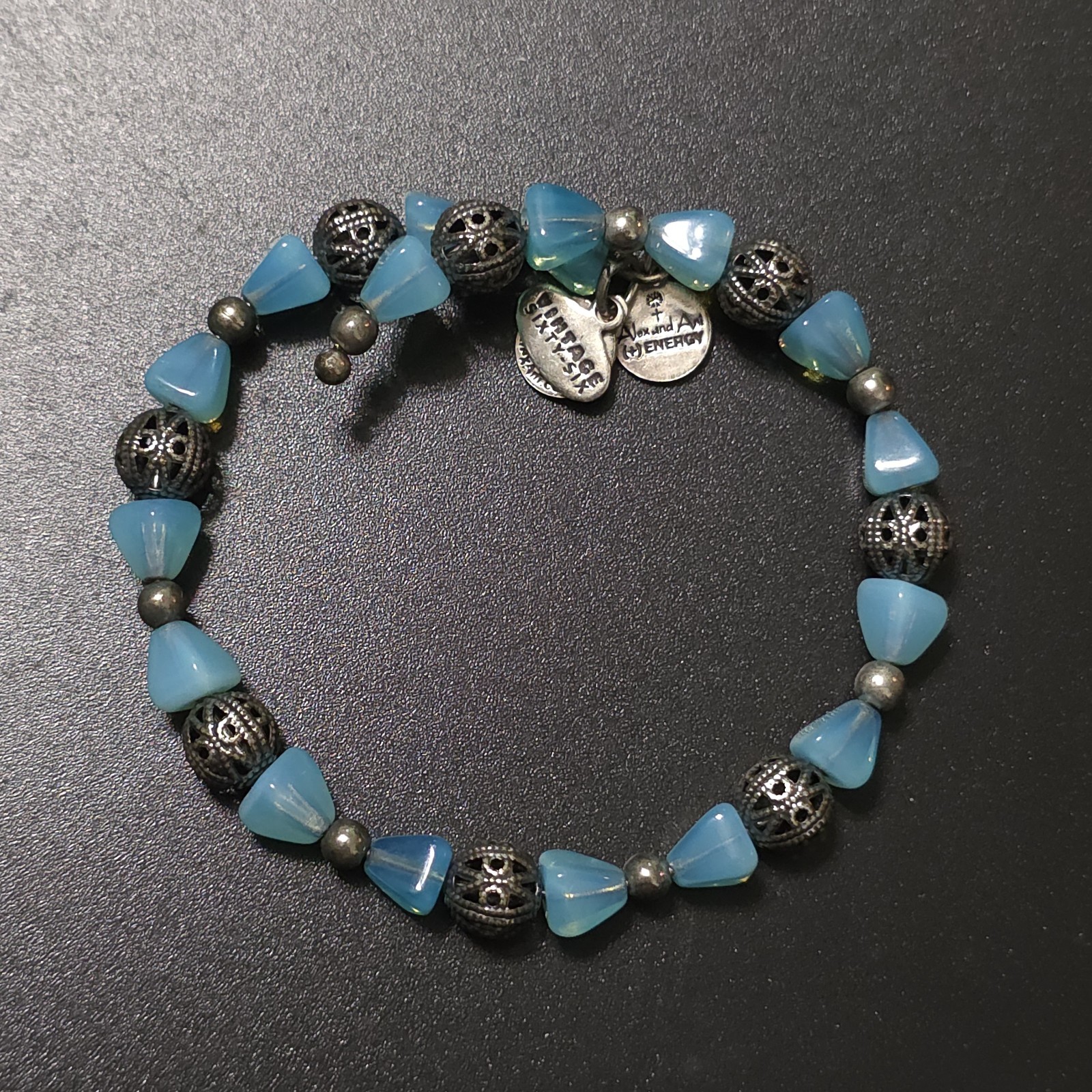 Blue And Silver Alex And Ani Vintage 66 Stretch Bracelet
