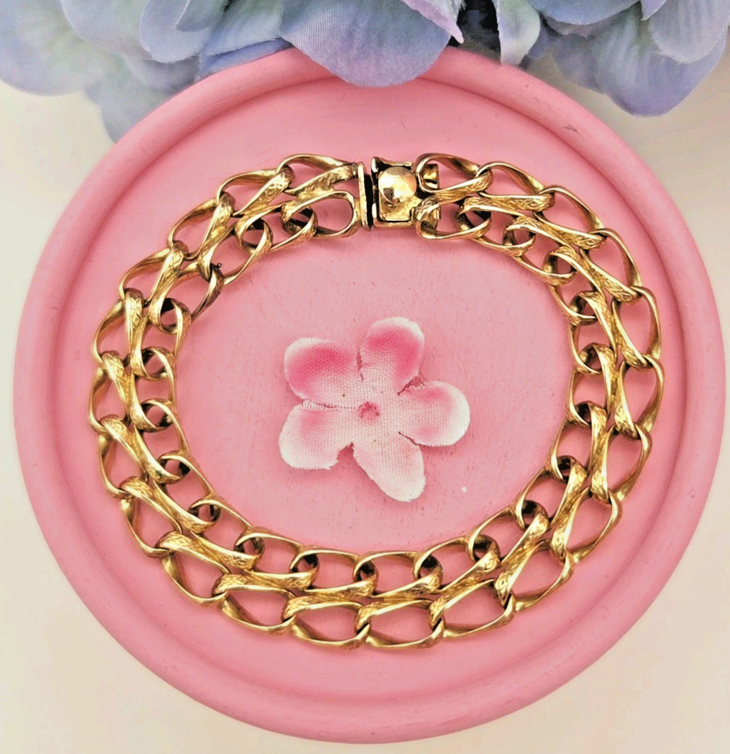 Vintage GF Bracelet Double Row Push Lock Gold Filled No Safety Chain 7″ Long