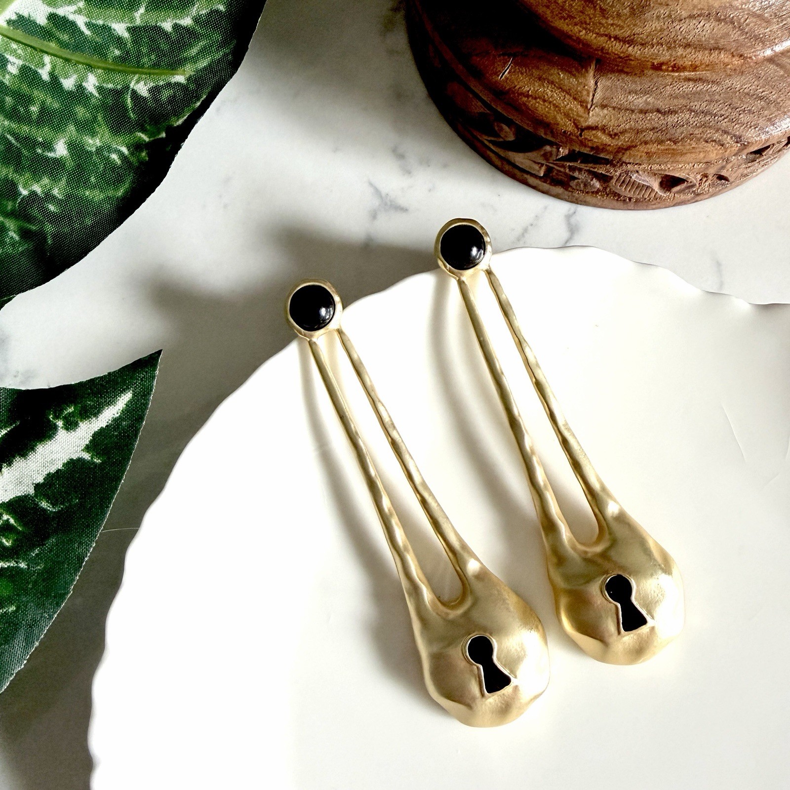 Schiaparelli Inspired Gold Drop Keyhole Long Key Earrings Padlock Surrealist NEW