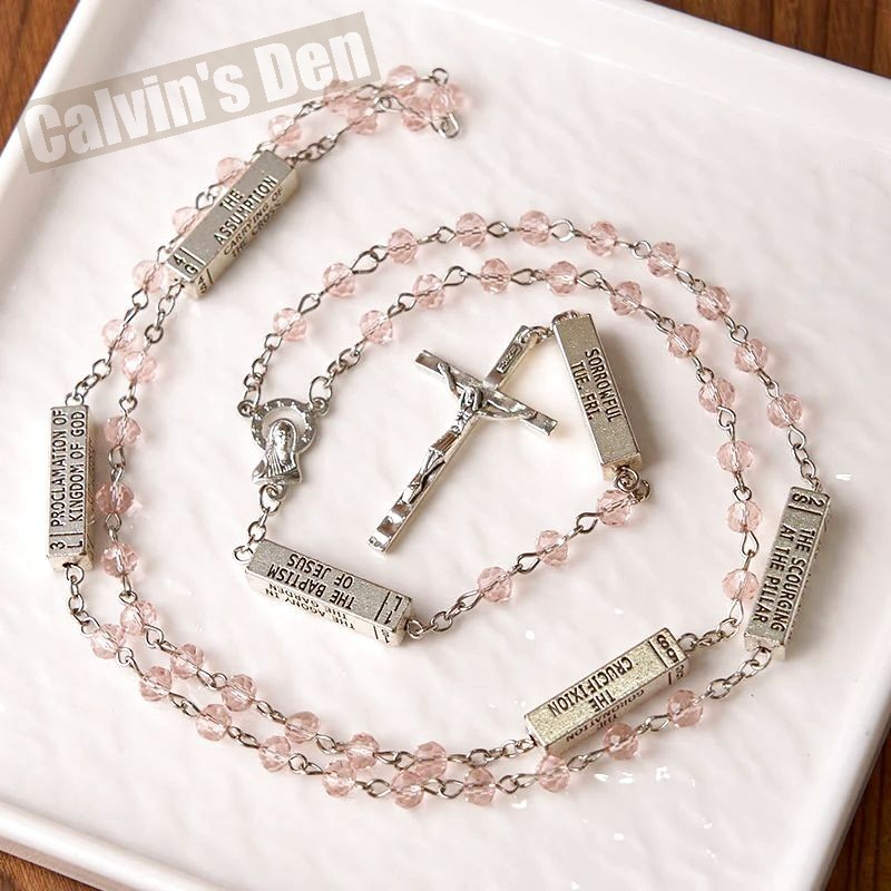 Mysteries of the Rosary Devotional Metal Bead Pink Crystal Necklace Crucifix