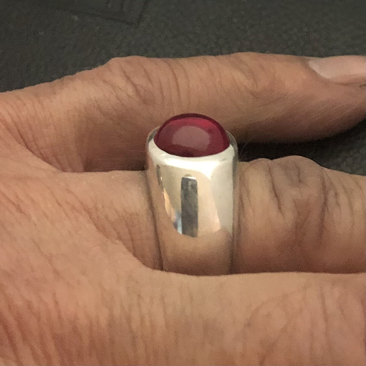 MJG STERLING SILVER MEN’S RING. 12mm ROUND LAB RUBY CABOCHON. SIZE 9 3/4
