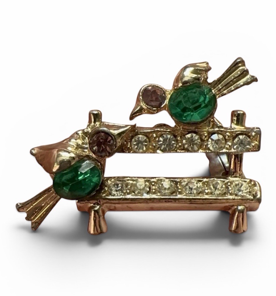 Lovebirds Birds on Fence Brooch Rhinestone Green Pink Gold Vintage Mid Century