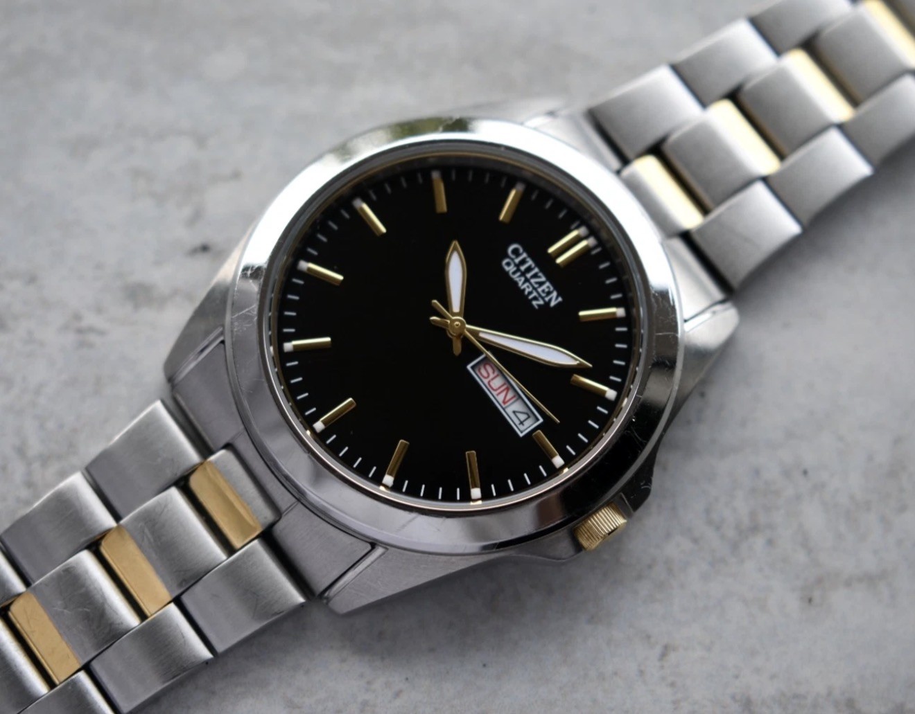 Citizen Quartz Two Tone Men’s Solar Quartz Bracelet Watch Black Dial Day Date