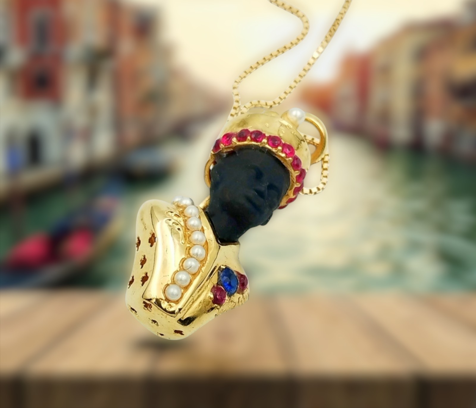 Venetian Moor Pendant Gold Plated 925 Silver with Rubies and Sapphire, Italy