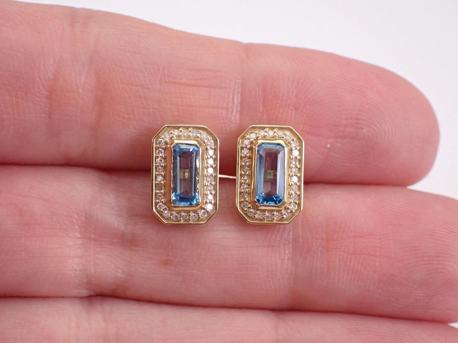 2Ct Emerald Cut Natural Blue Topaz Halo Stud Earring 14K Yellow Gold Plated