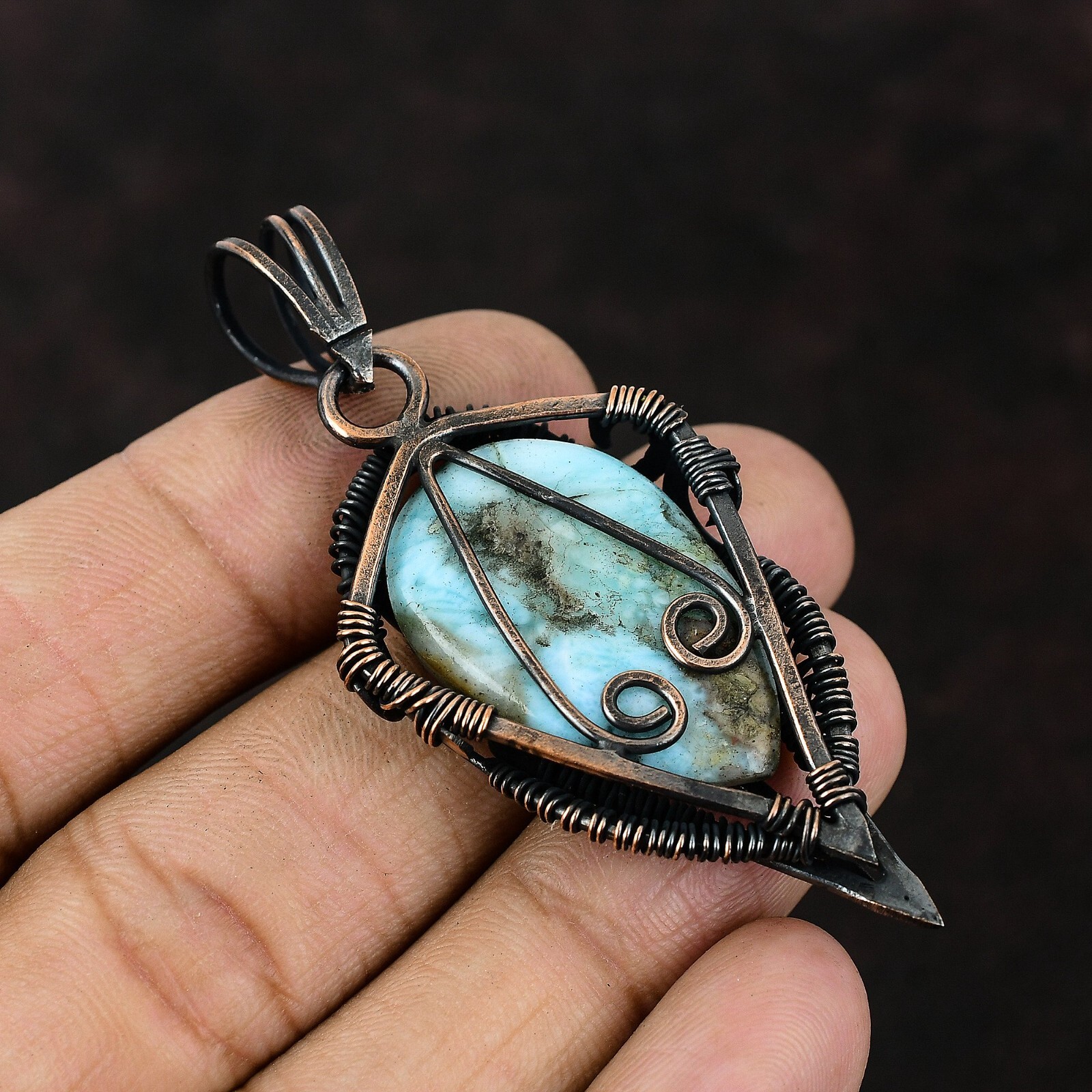 Larimar Gemstone Jewelry Copper Gift For Mother Wire Wrapped Pendant 2.56″