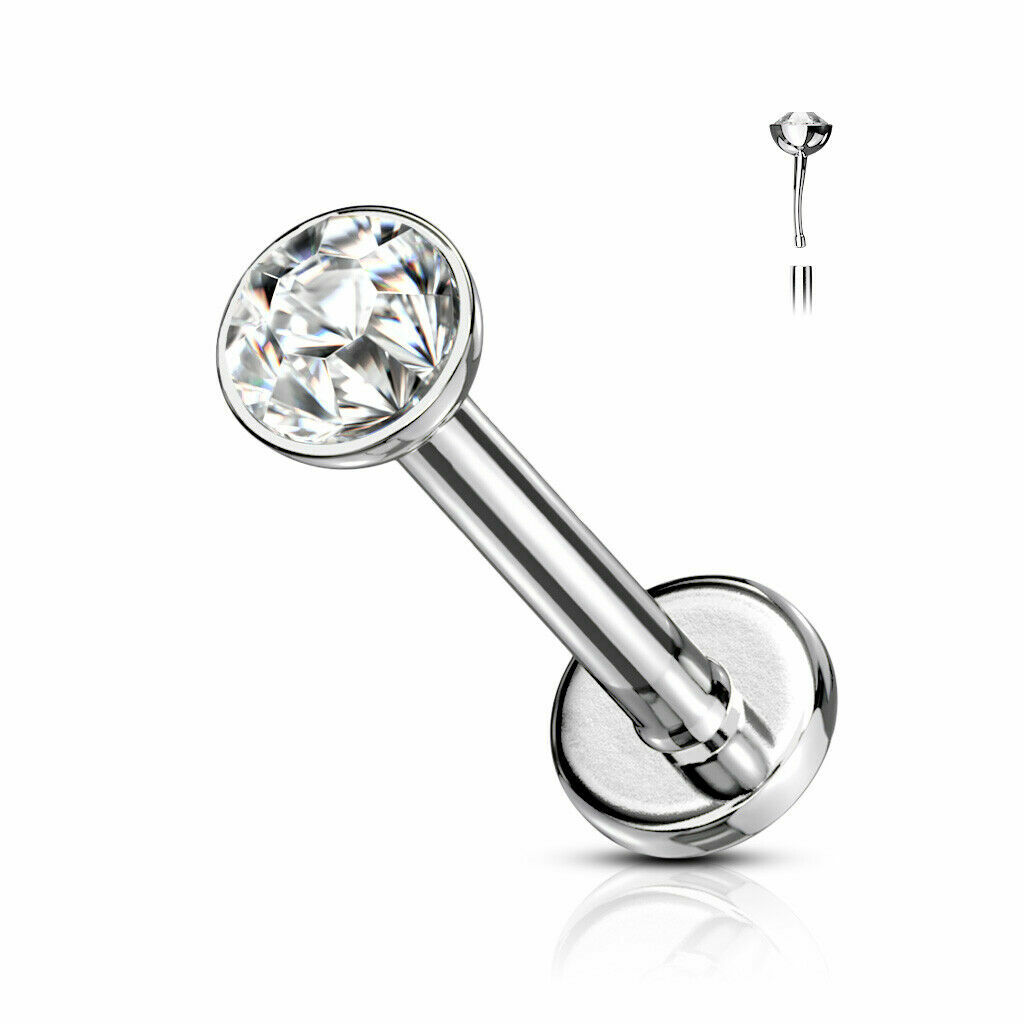 16G 2mm 3mm CLEAR CZ THREADLESS PUSH IN PIN STEEL LABRET EAR TRAGUS RING STUD 99