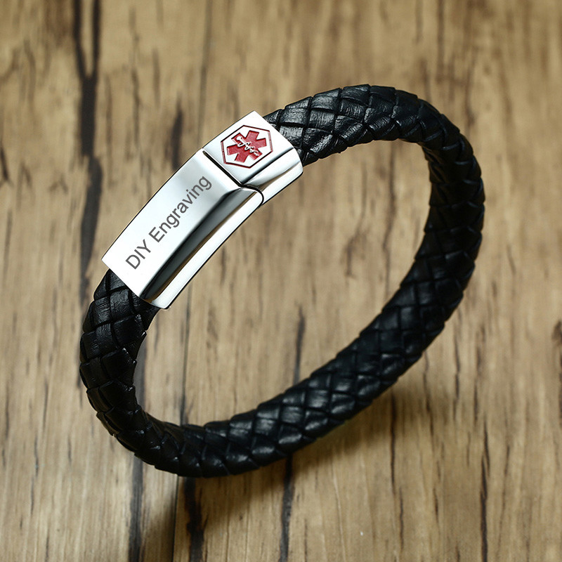 Men Medical Alert ID Braided Leather Bracelet Bangle Magnet Clasp Free Engraving