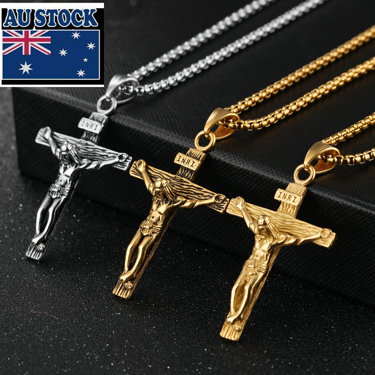 Men Stainless Steel Gold Silver Black Jesus Crucifix Pendant Chain Necklace