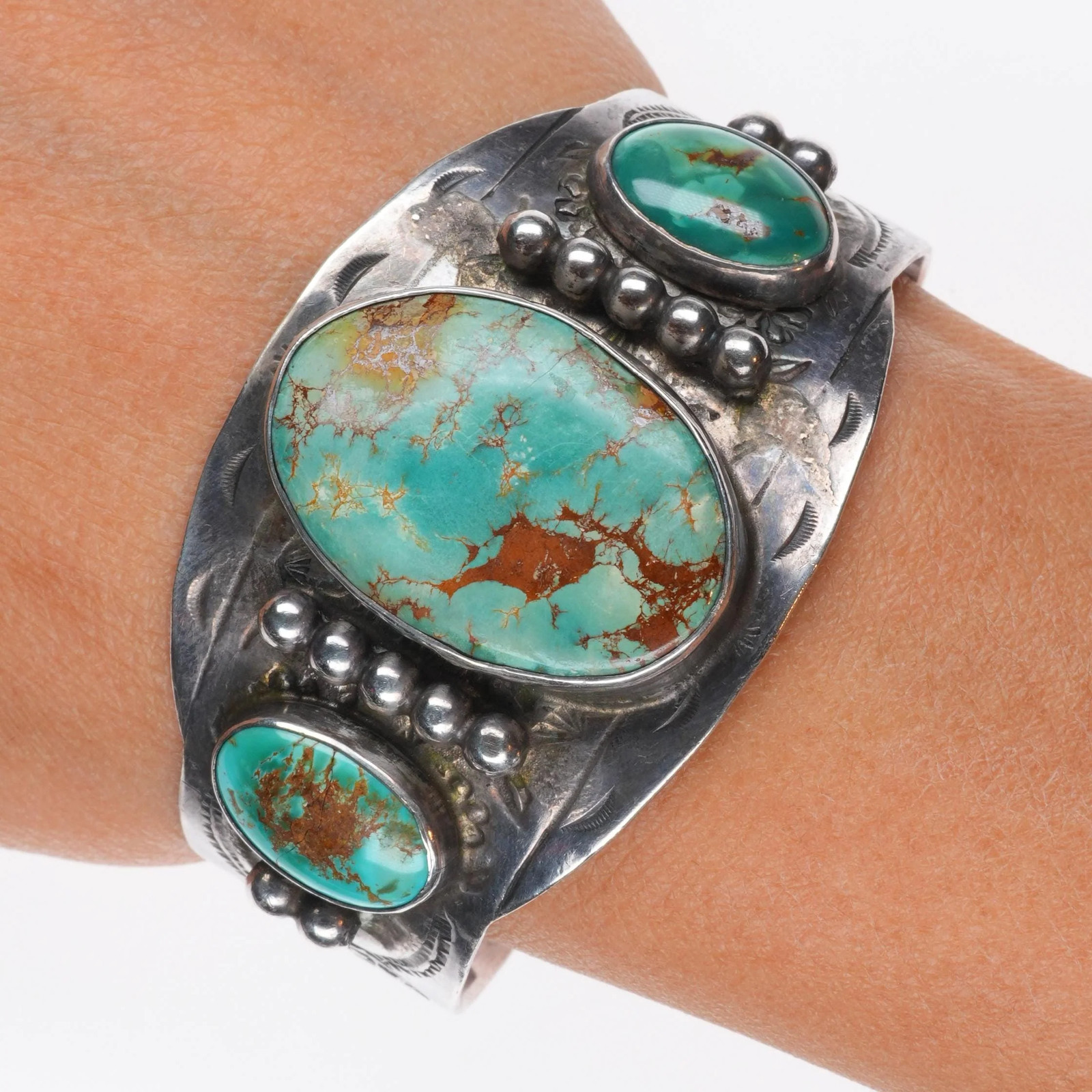 6.3″ 1950’s Vintage sterling silver Fred Harvey Royston turquoise cuff bracelet