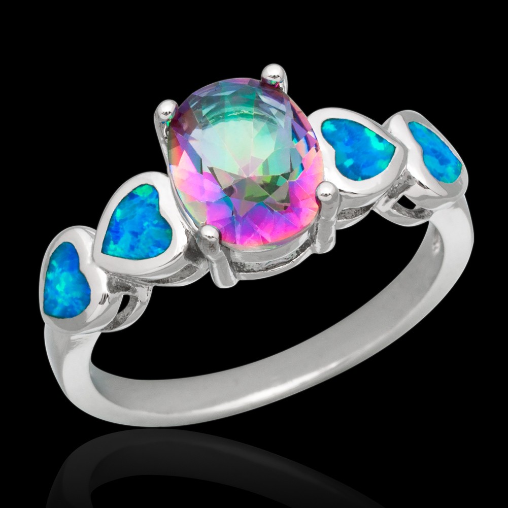 7×9 Rainbow Mystic Topaz Blue Fire Opal Silver Jewelry Women Ring Size 7 8