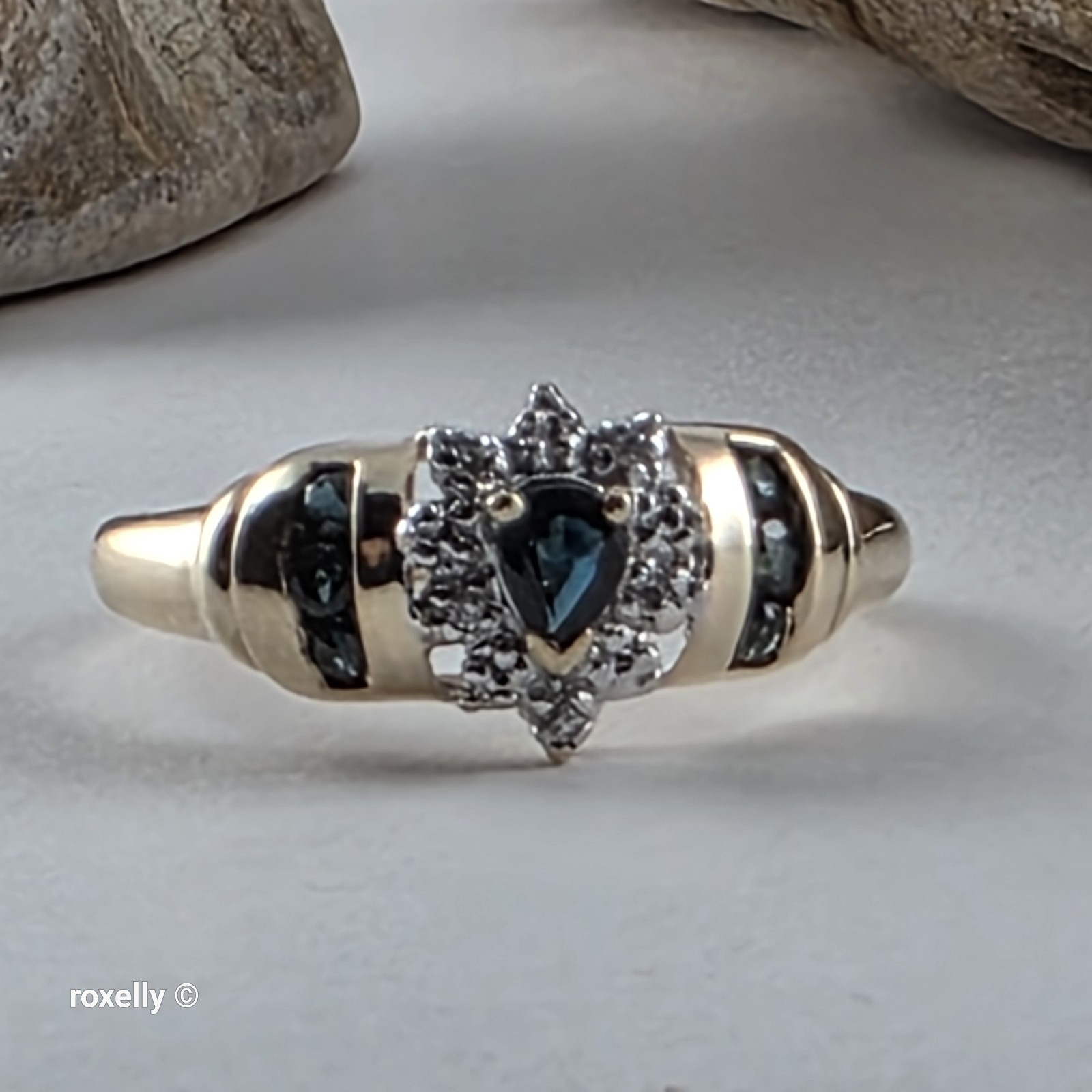 10K Yellow Gold Sapphires and Genuine Diamond Ring Size 7, Solid Gold!