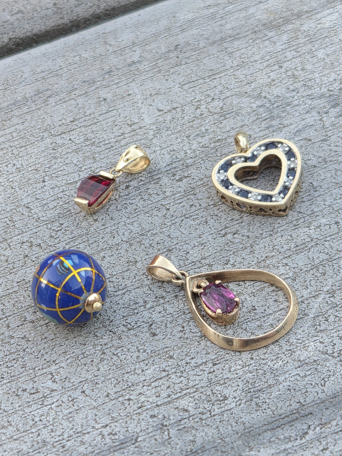 Lot 4 Pendants 10K – 14K Dimaonds Sapphires Rhodolite Garnet Ruby Lapis
