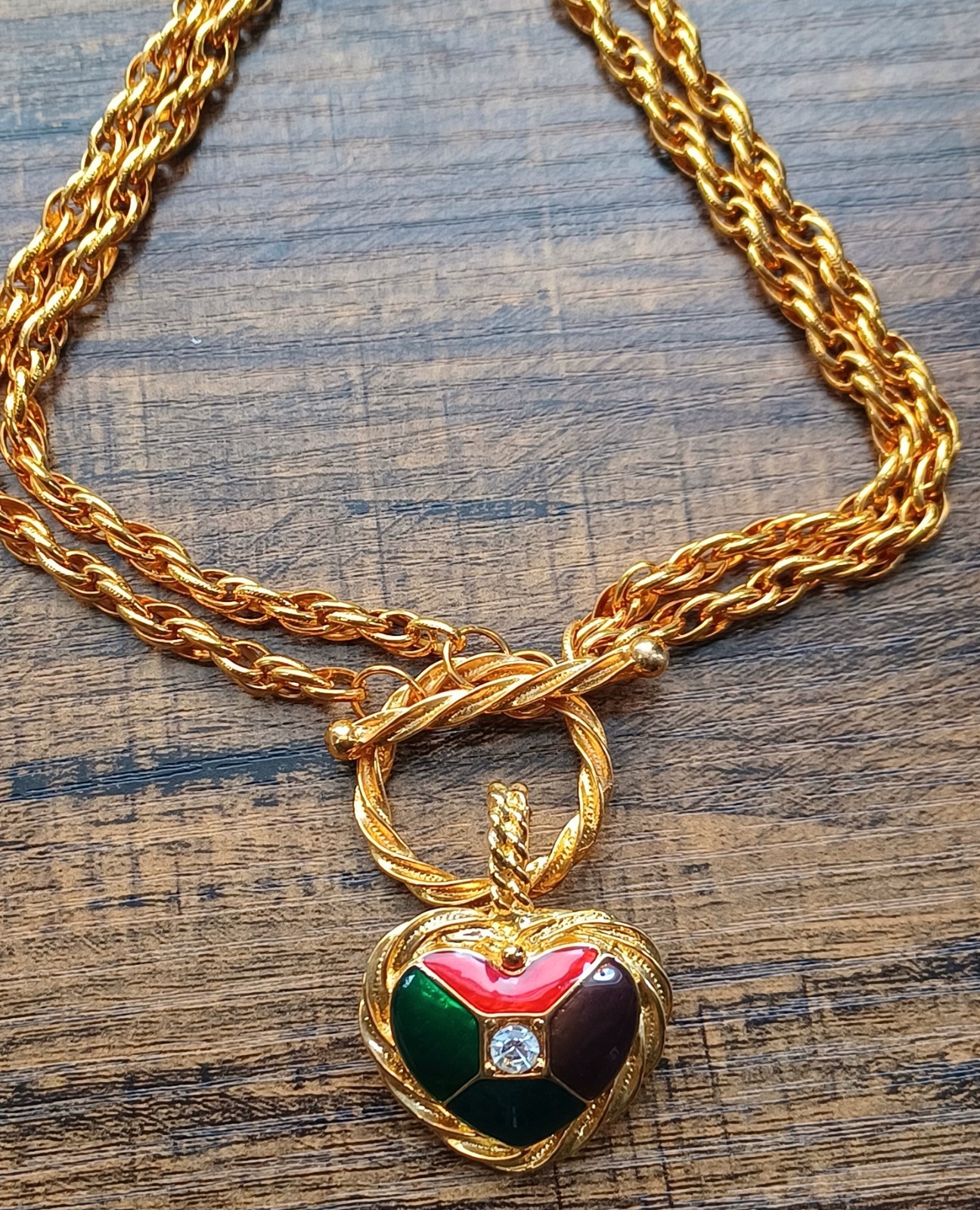 Vtg Ivana Trump Enamel Crystal Heart Pendant Goldplated Statement Necklace