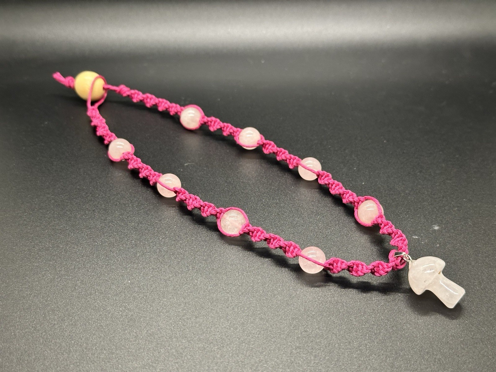 Rose Quartz Mushroom Pink Hemp Necklace 16″ Handmade