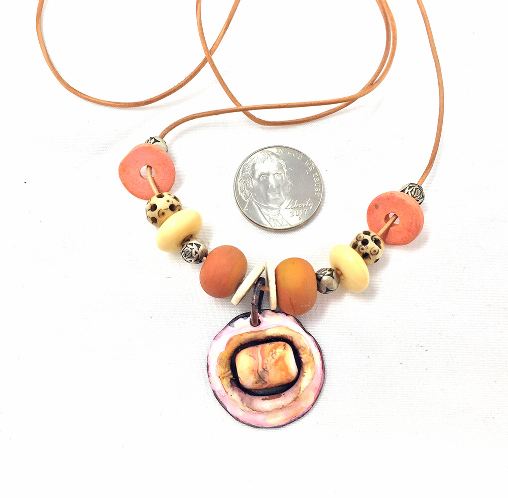 Rustic leather cord necklace BoHo Lampwork beads shell & bone beads
