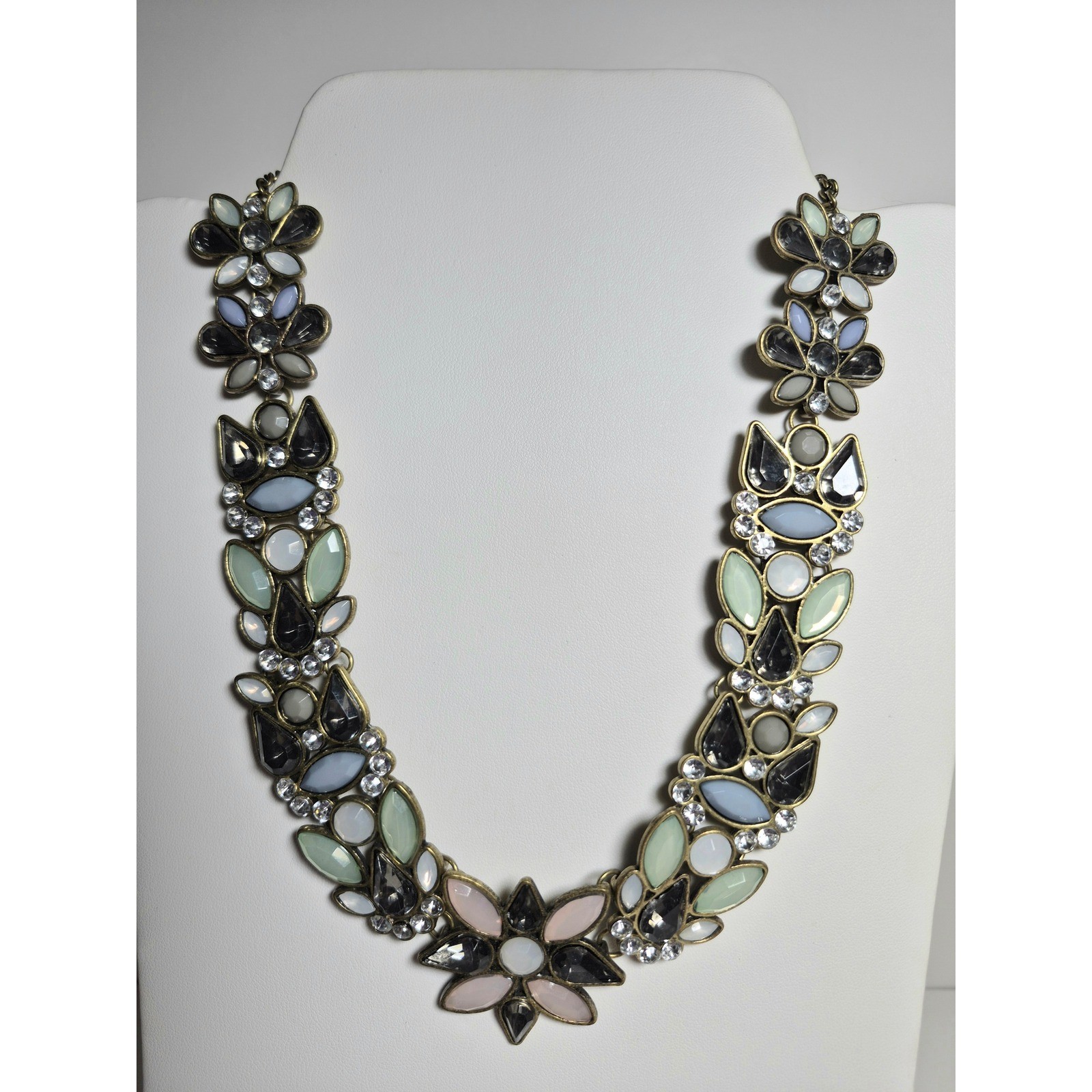 Floral Statement Bib Necklace Antique Brass Tone Pastel Stones Rhinestone Collar