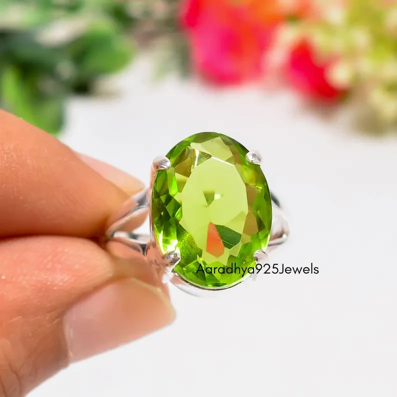 Natural Peridot Gemstone Ring- 925 Sterling Silver, Oval Faceted Prong All Size