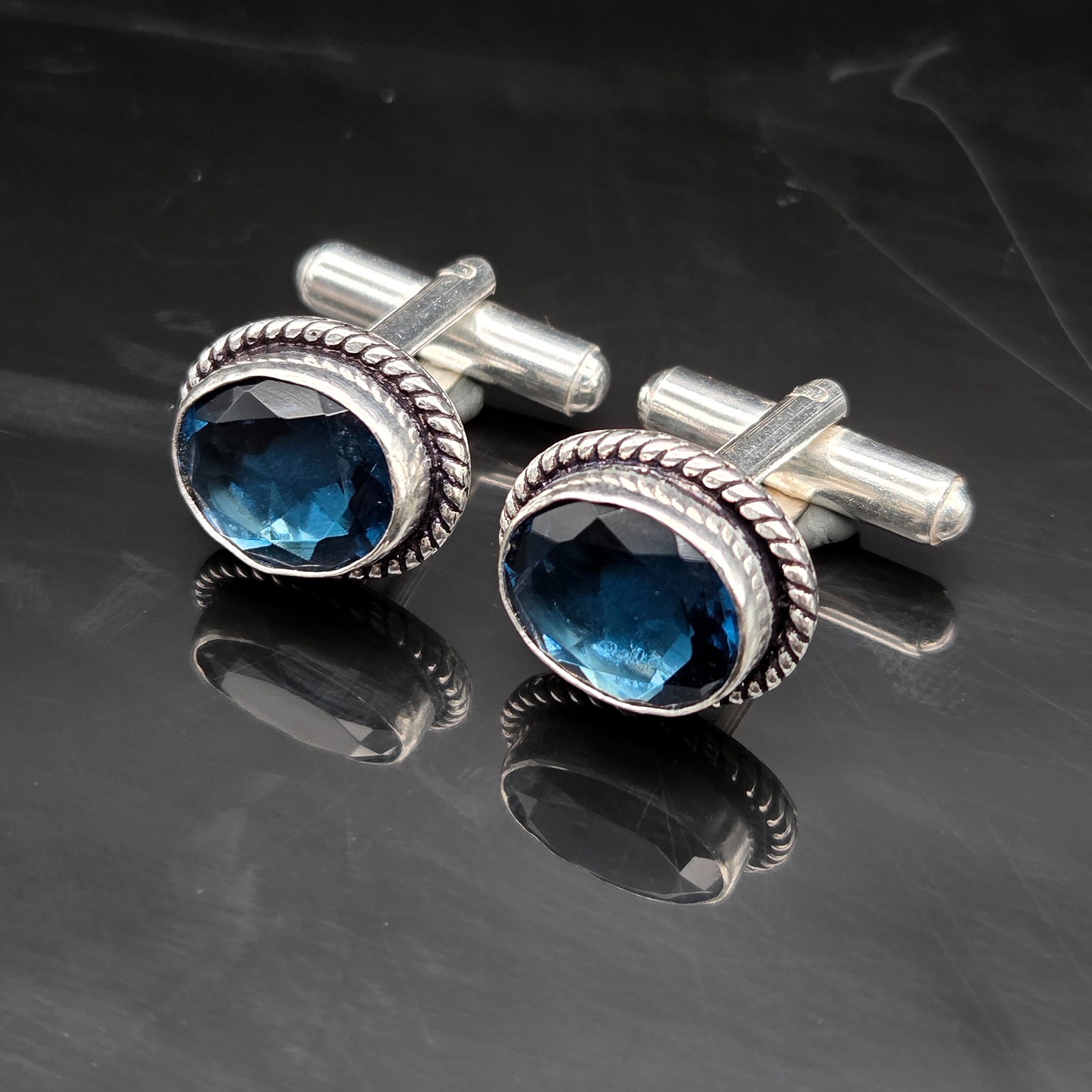 Natural London Blue Topaz Gemstone 925 Sterling Silver Handmade Cufflinks HA