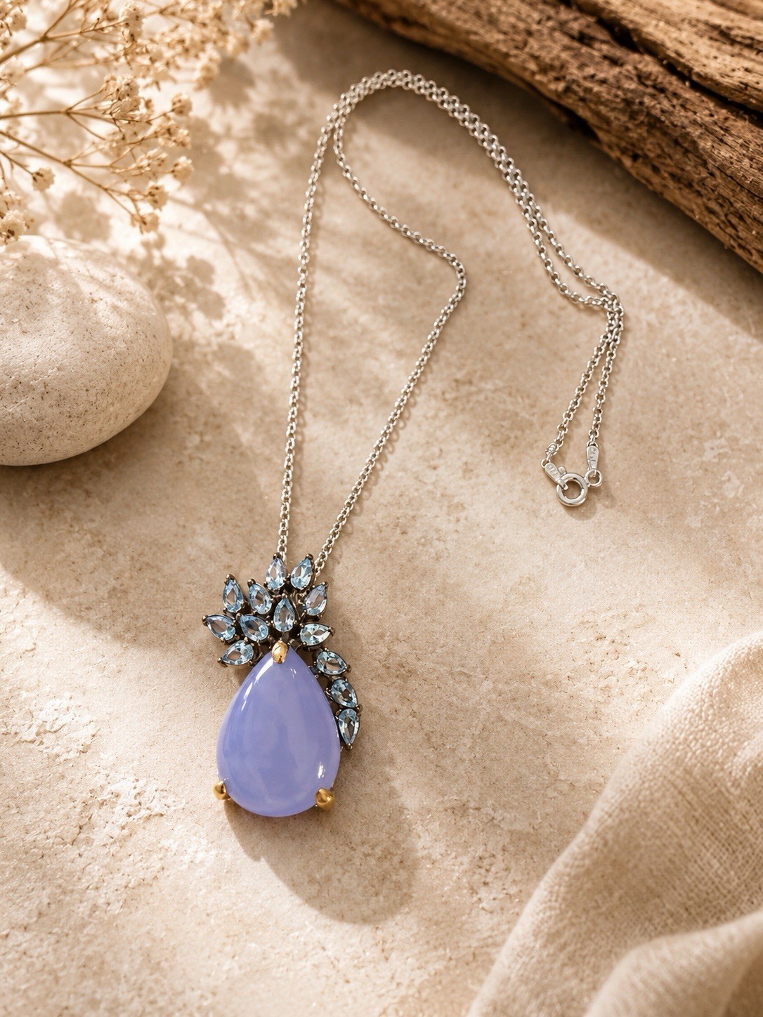 925 Sterling Lavender Chalcedony 18” Necklace Floral Blue Gemstone Pendant