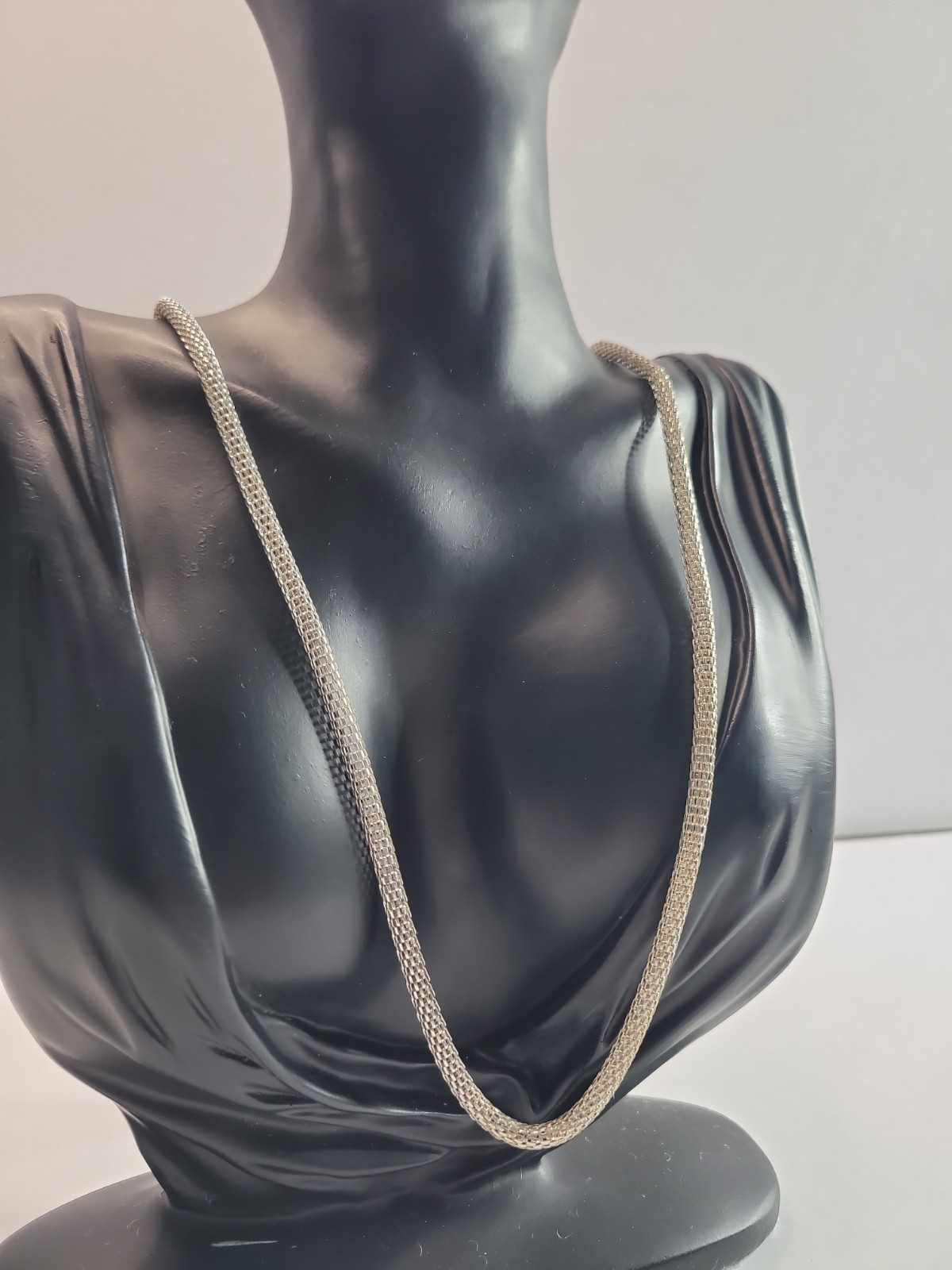 Silver Tone Mesh Snake Chain Necklace Flat Woven Herringbone Style Minimalist