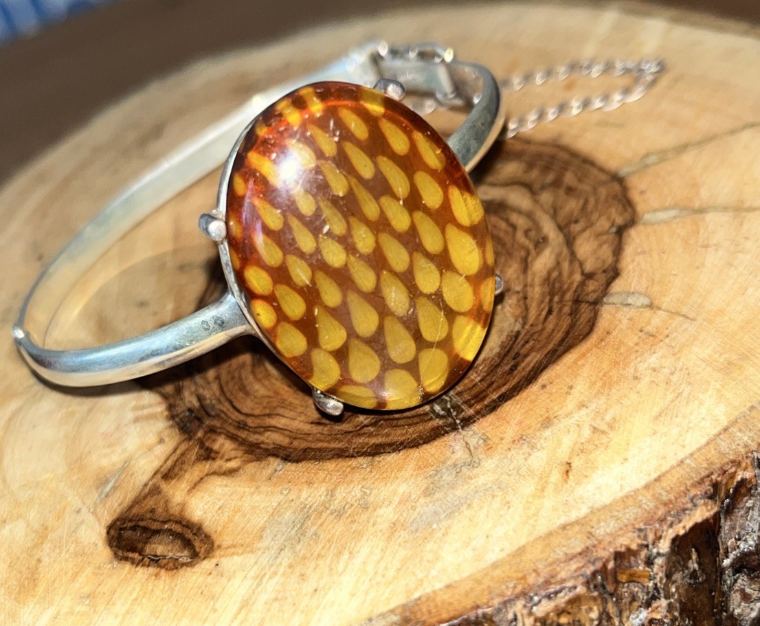Sterling Silver 925 & Baltic Amber Reverse Carved Bangle – Stamped – Beautiful