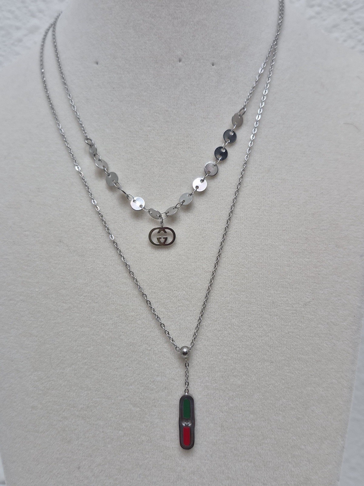 Silver-Tone Double Layer Cable Chain Necklace w/ Red & Green Bar Charm Pendant