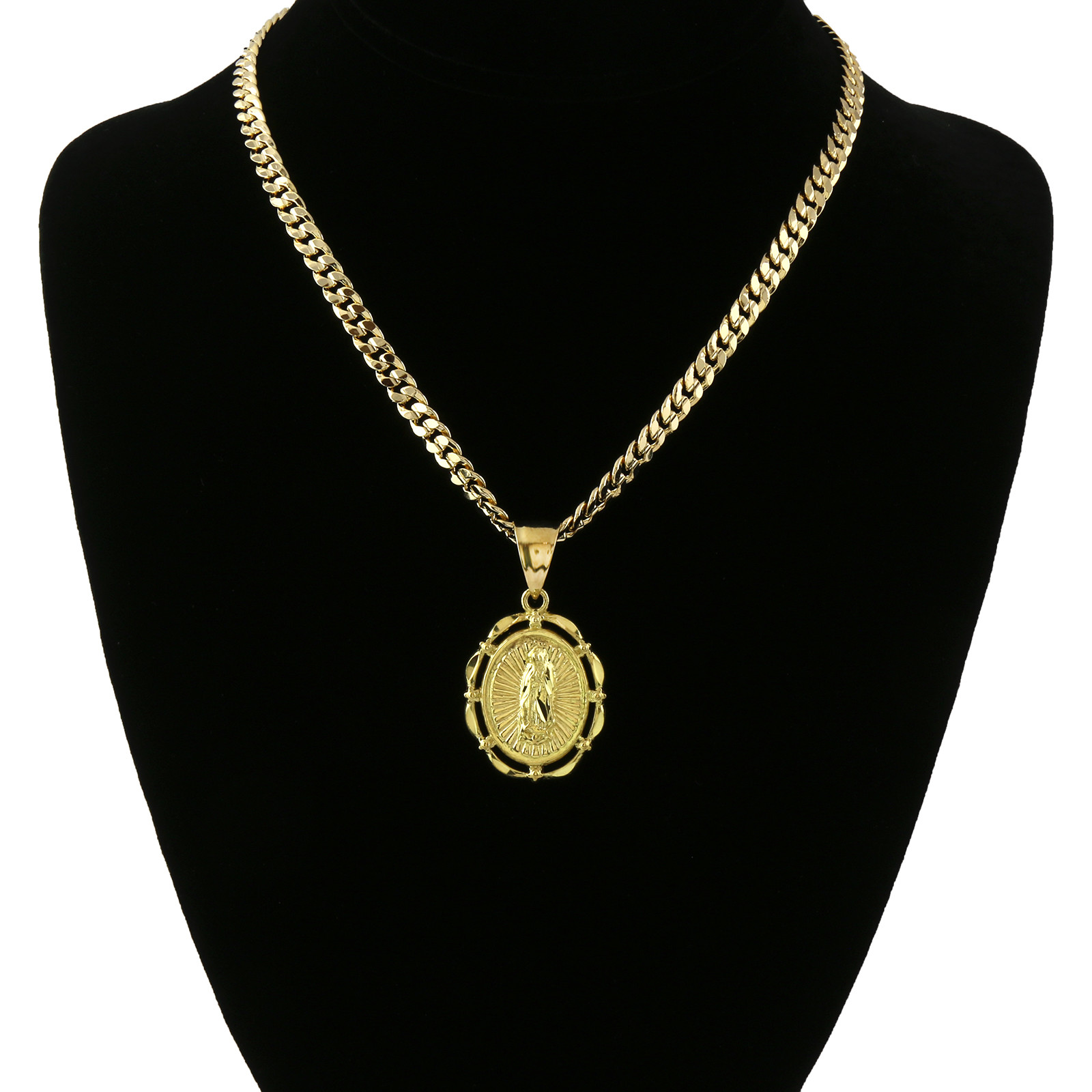 Mens 18k Gold Plated Oval Guadalupe Pendant 5mm 24″ Cuban Necklace Chain