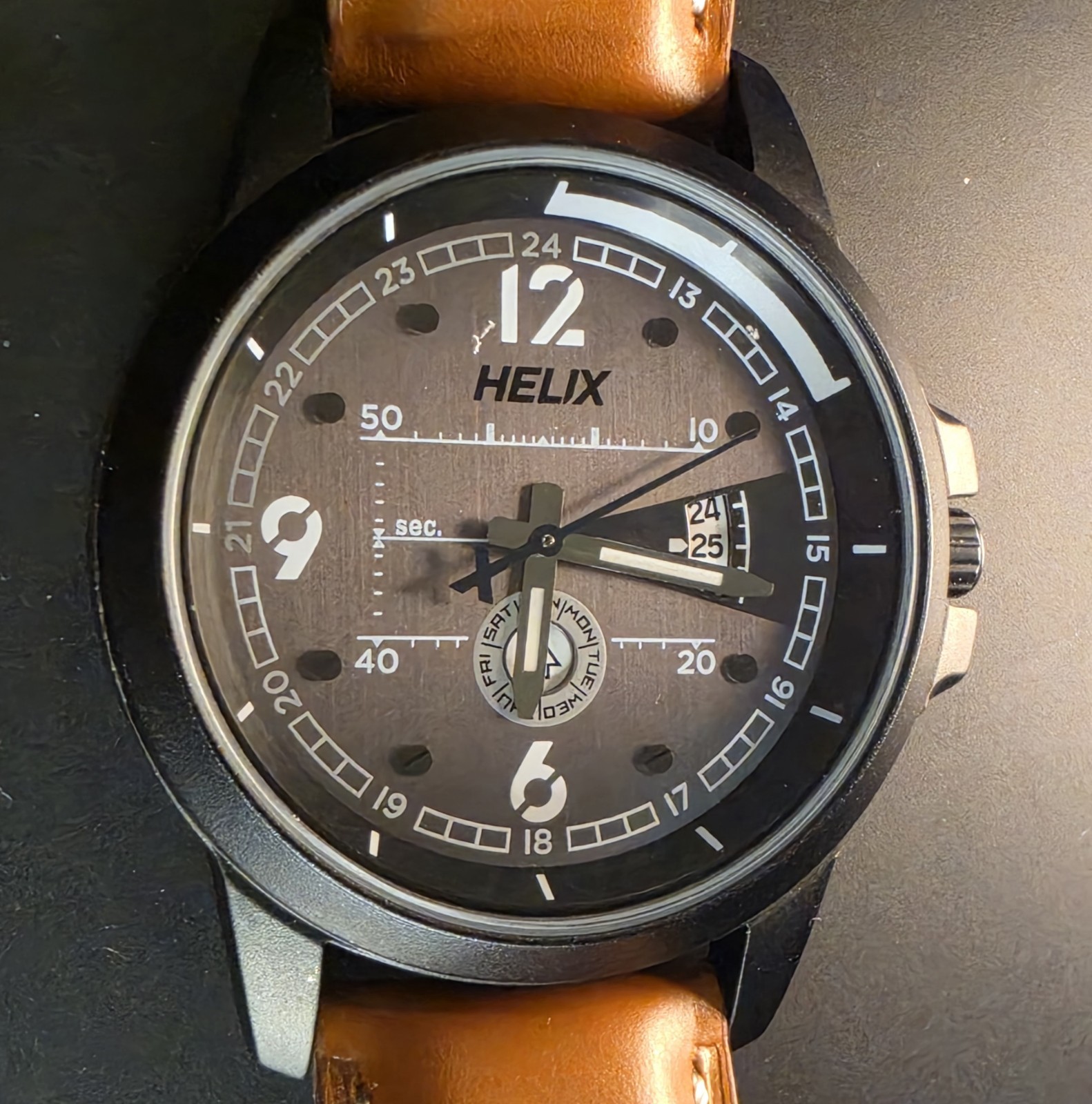 Helix Men’s Quartz By Timex Analog Date 30m Black Dial Black Case Leather Band.