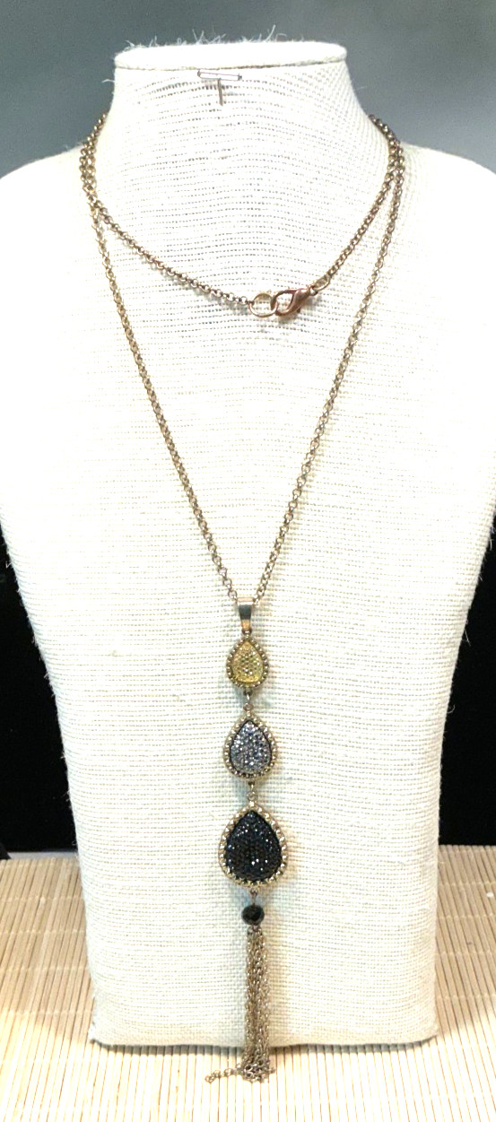 Fashion Necklace Faux Druzy Yellow Black Gray Fringed Pendant Lot 104A