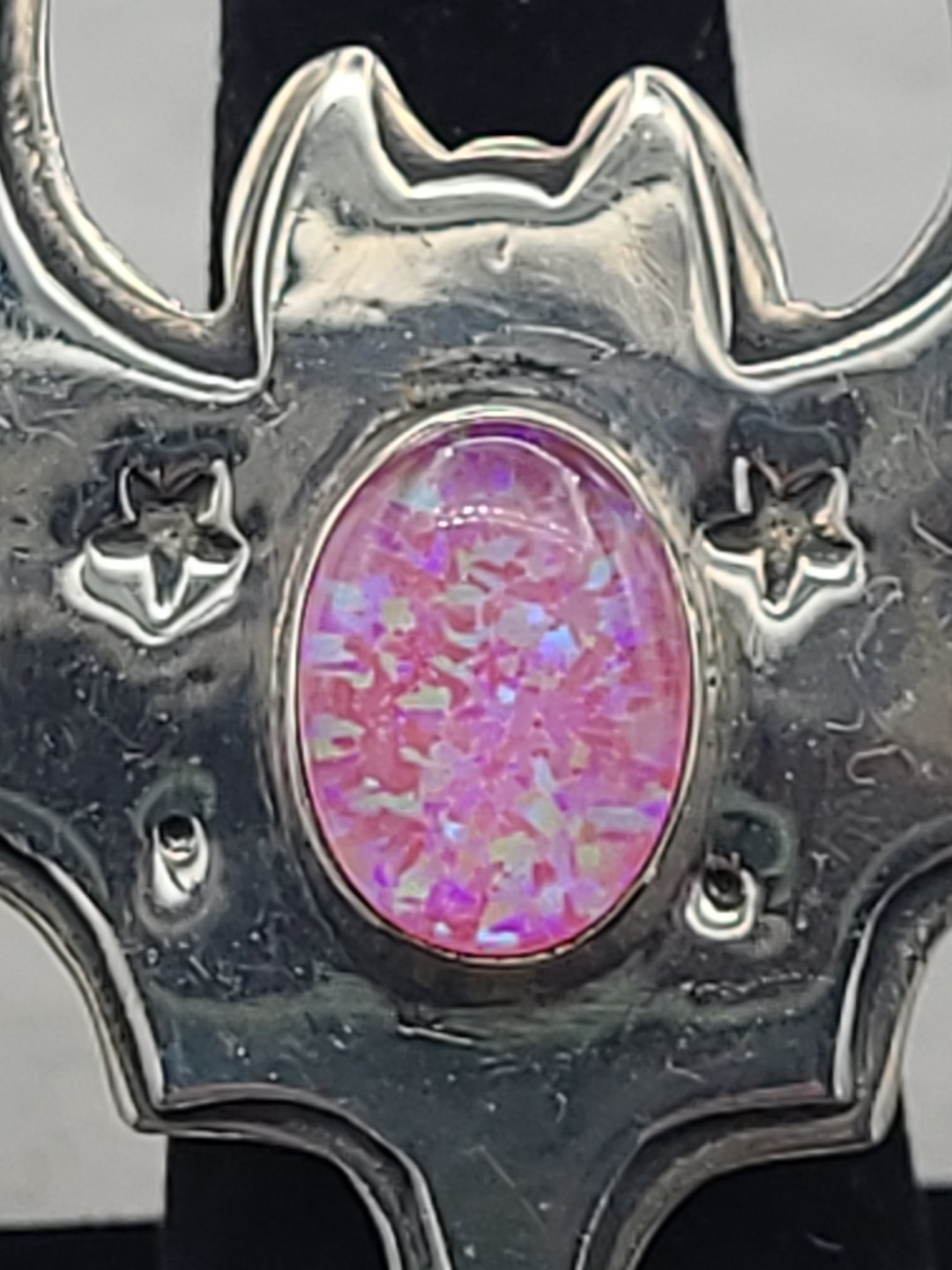 Super Cute! Sterling Silver PINK Lab Opal Bat Ring Size 7 Adjustable!