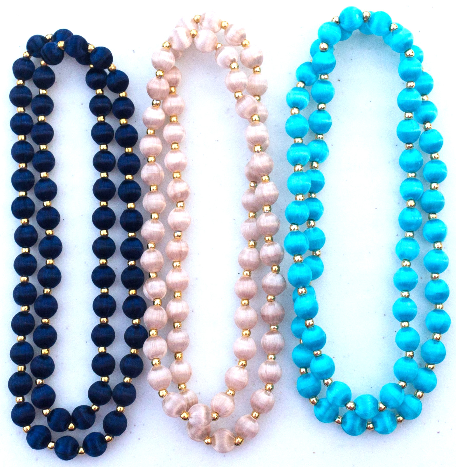 Vintage Lot of 3 Navy, Beige, and Blue Satin Bead necklaces – 25″ each