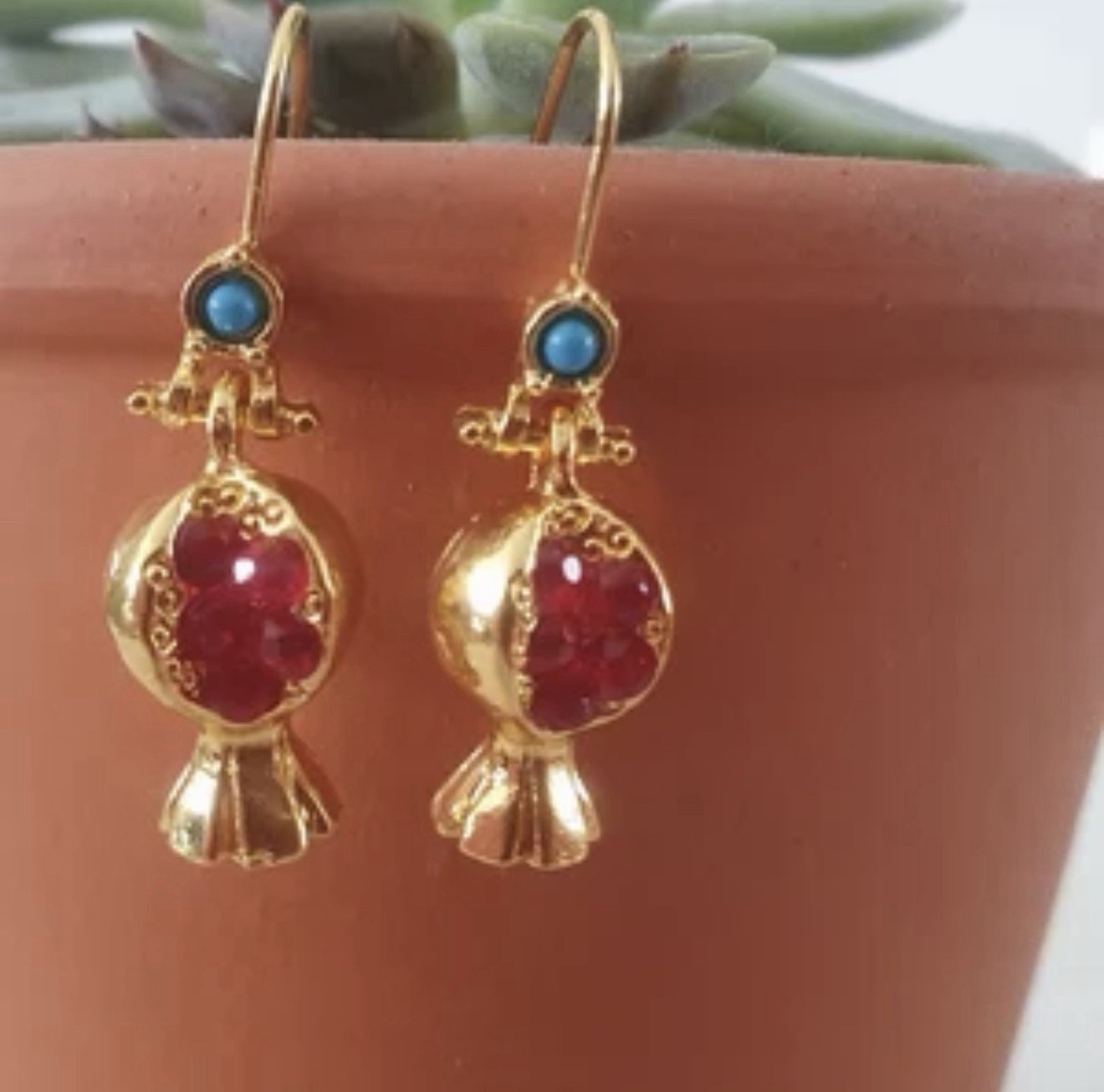 Mini Pomegranate Earrings Red Stone Seeds Blue Stone Gold Fruit Jewelry Gift NEW