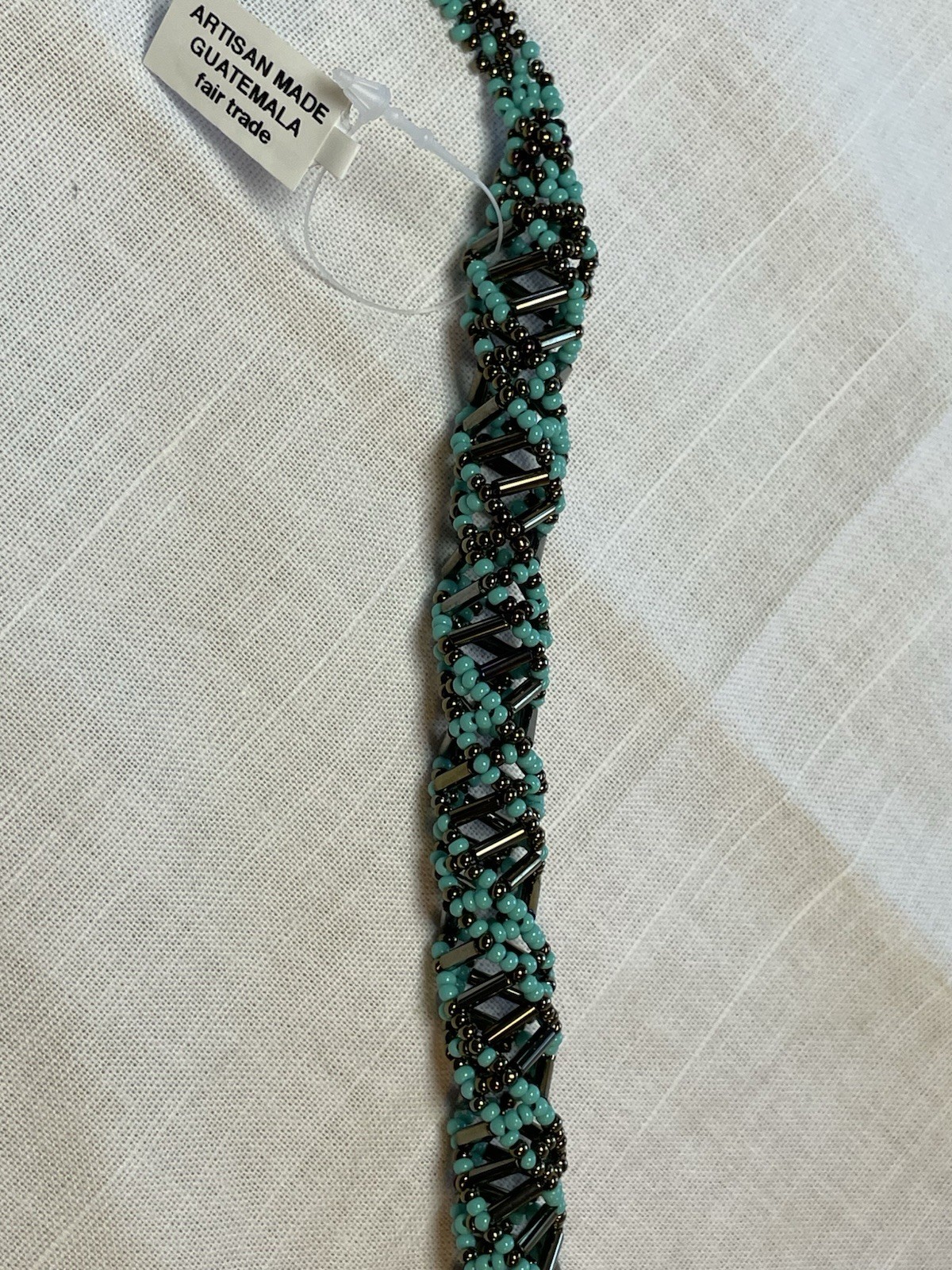 DNA Double Helix Necklace Handmade in Guatemala Czech Glass Beaded Turquoise 24”