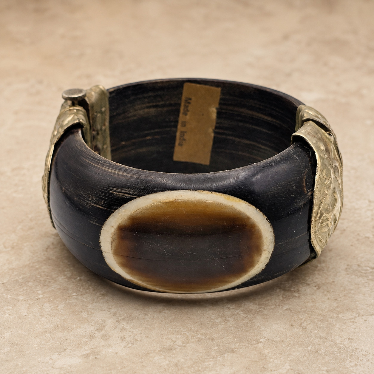 Black Horn Bone Inlay Brass Hinged Pin Clasp Wide Bangle Bracelet India Vintage