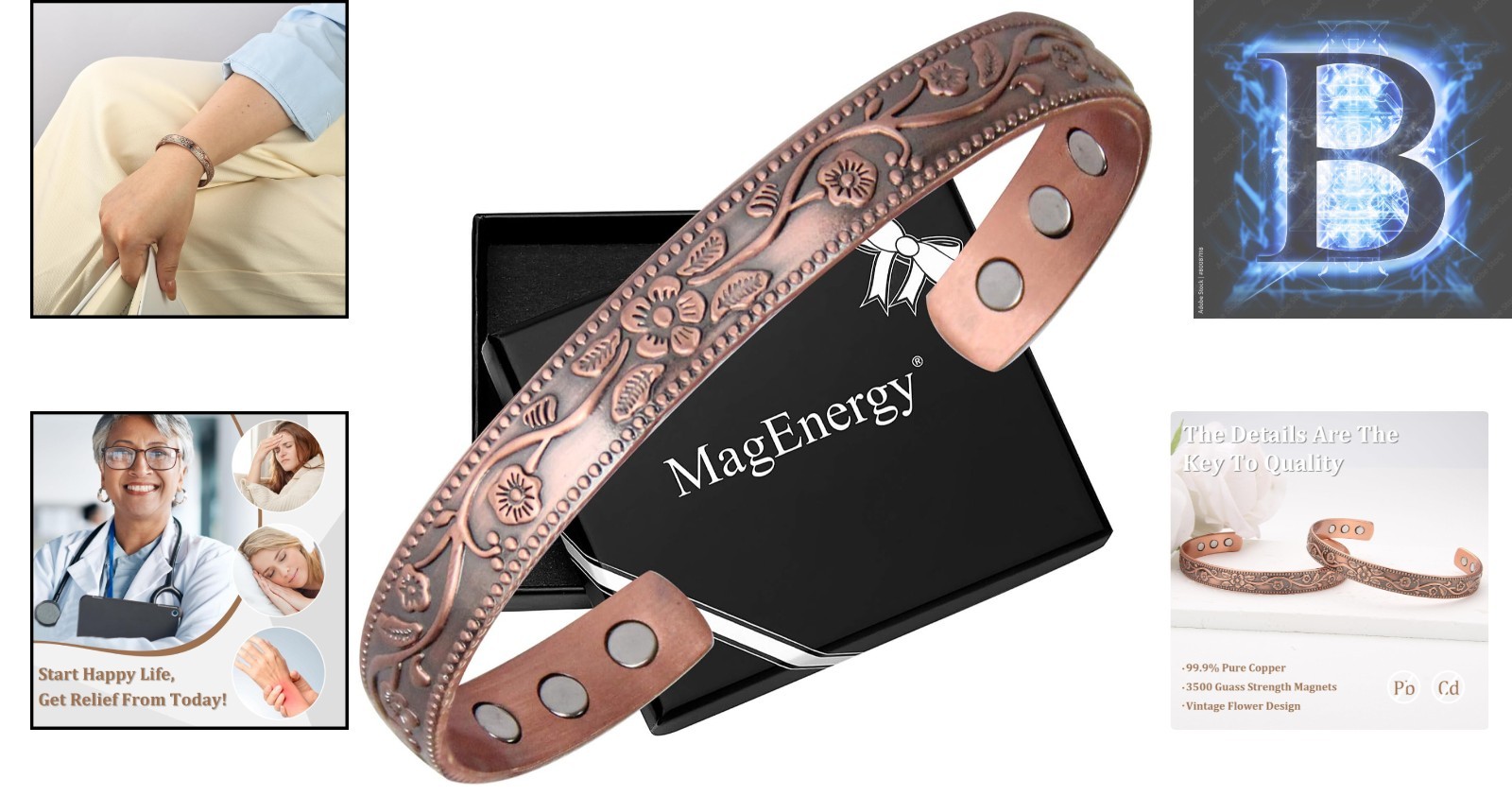 Elegant 99.9% Pure Copper Magnetic Bracelet with Vintage Flower Design
