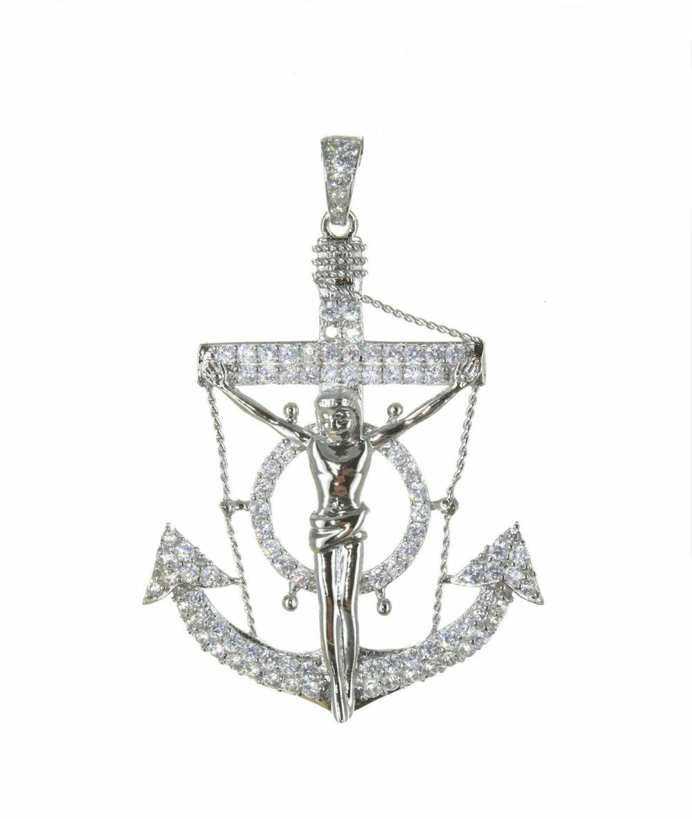 925 Sterling Silver CZ Anchor Jesus Cross Crucifix Nautical Pendant