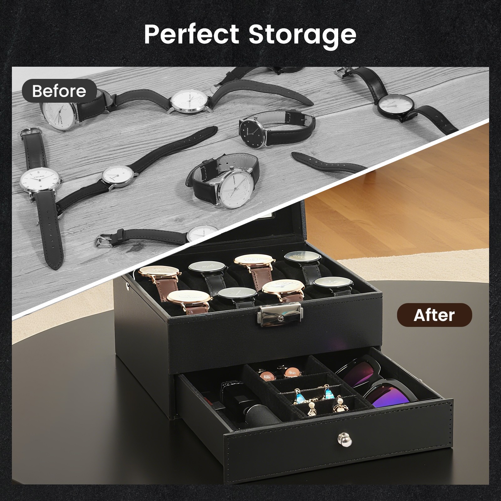 8-Slot Watch Box Lockable Watch Case 2 Layers with 1 Drawer for Rings Watch Gift