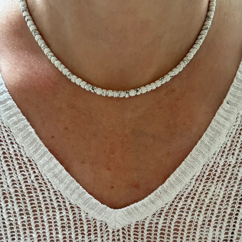 4mm White Buffalo Heishi Necklace, Women’s Men’s Unisex Beaded Gemstone Necklace