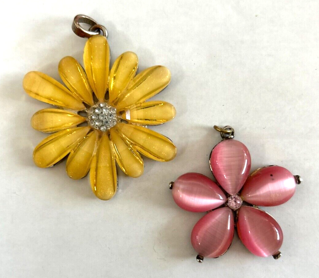 (2) Vintage Metal Acrylic & Rhinestone Flower Pendants Yellow Pink Flowers