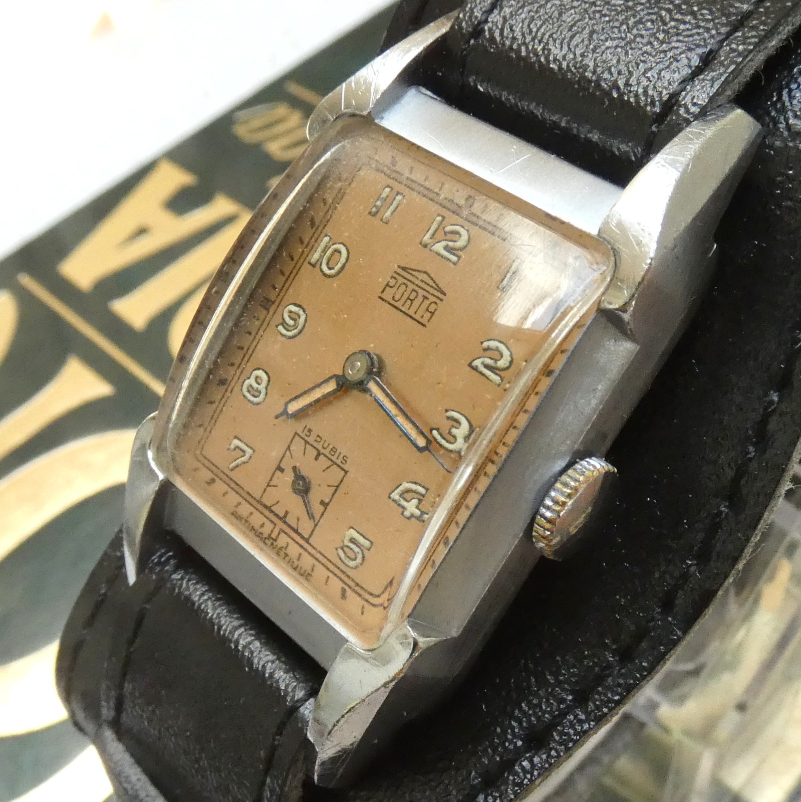 Vintage Art Deco PORTA 1930s German Tank Watch PUW 15 Rubis Tested Works Great