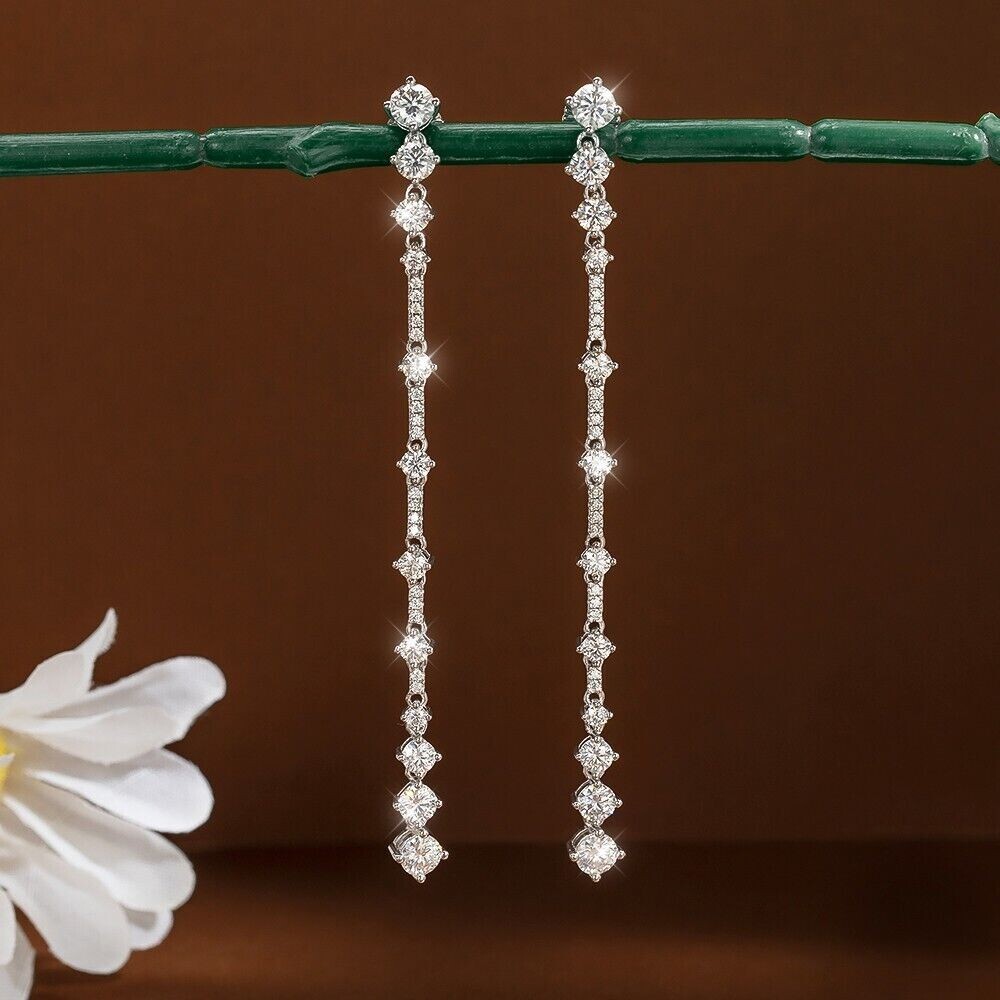 Gorgeous 2″ Long Drop Earring Round Cut Simulated Diamond 14K White Gold Plated
