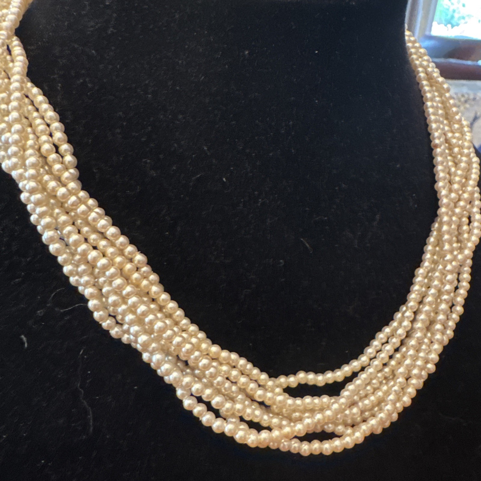Vintage 9 Strand 18” Faux Pearl Necklace Gold Tone Flower Clasp 339