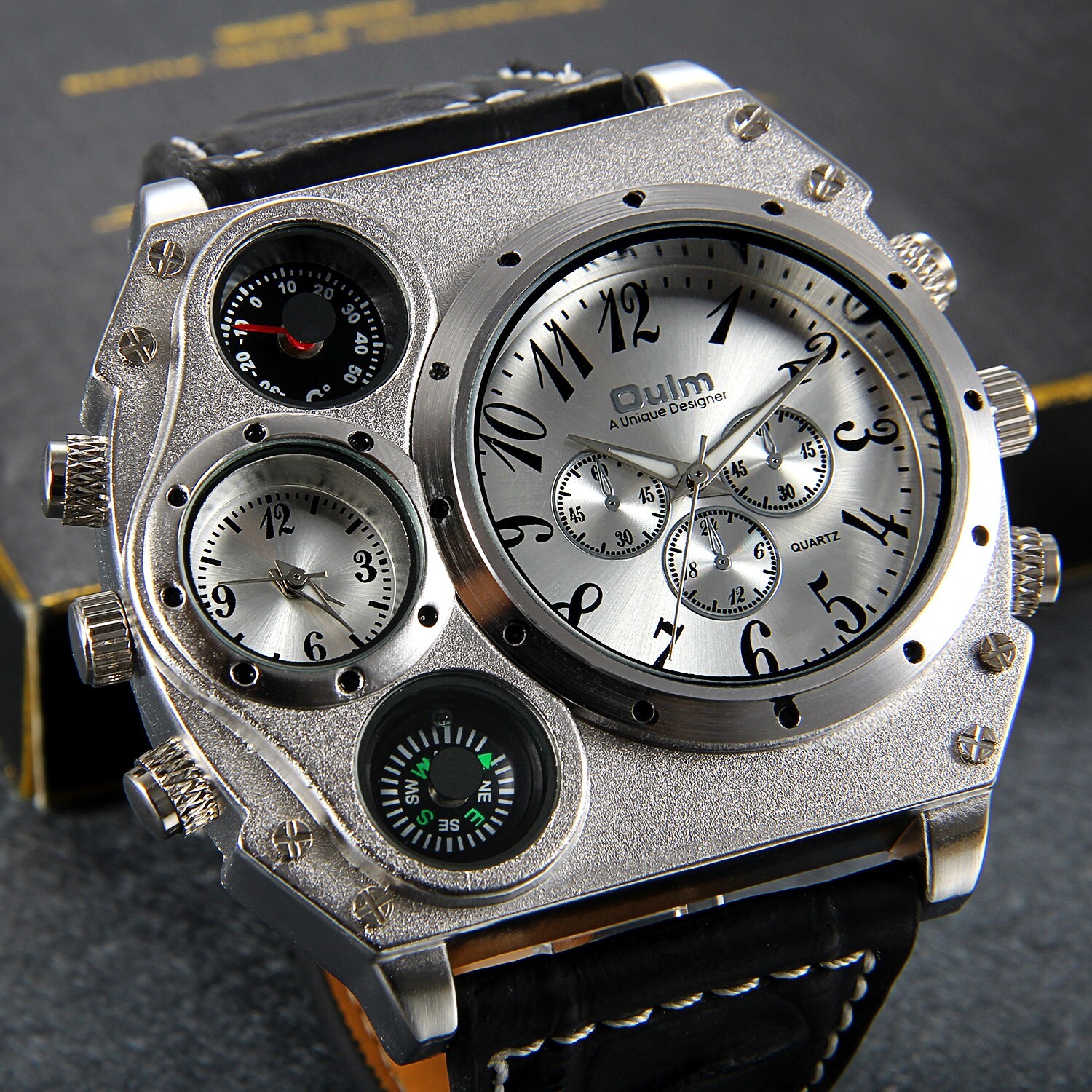 Men’s Sport Army Multi-functional 2 Time Zones Dial Leather Quartz Wrist Watch