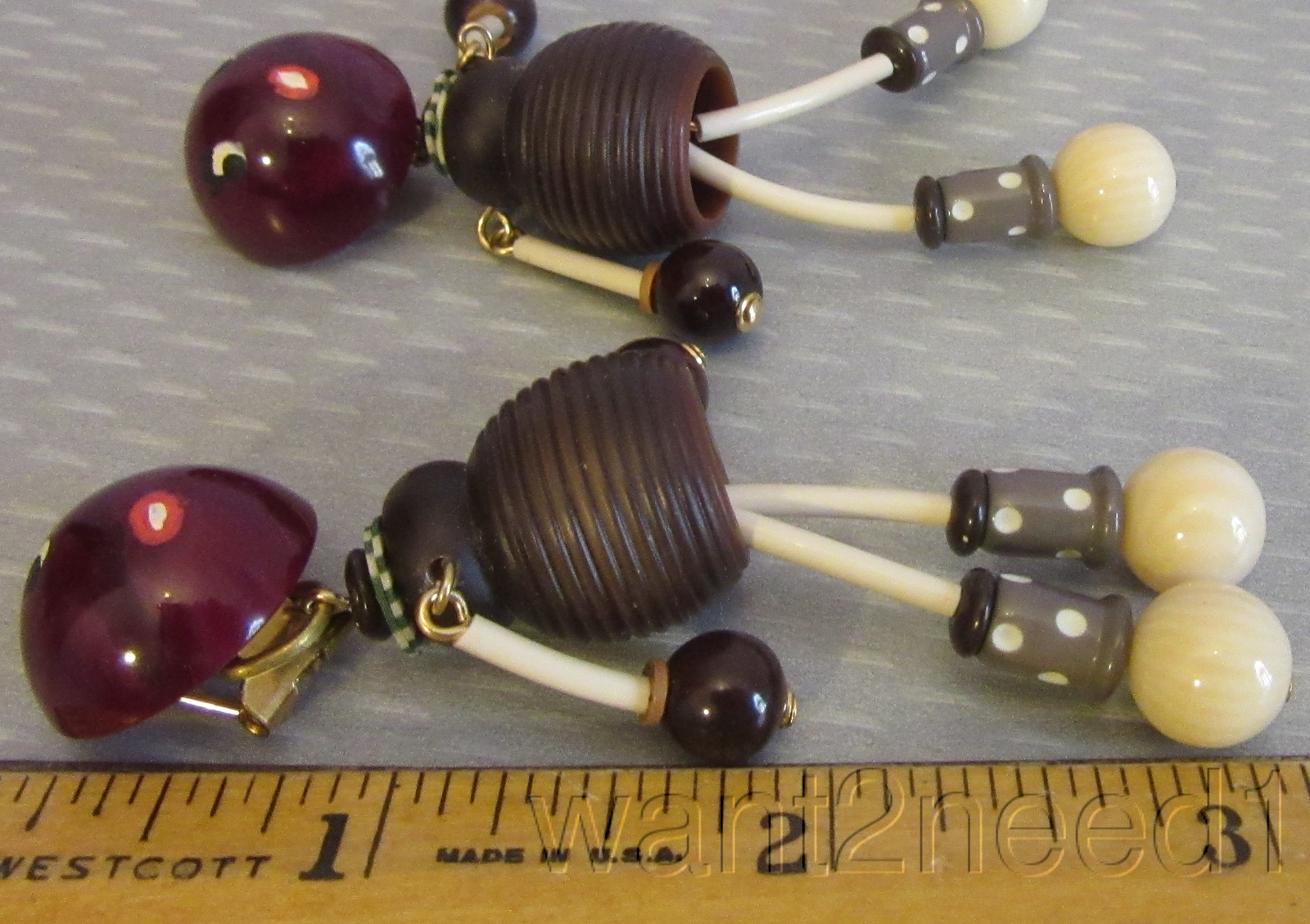 vintage French Celluloid Plastic Beaded Brown Girl Dangly Clip Paris Earrings 3″