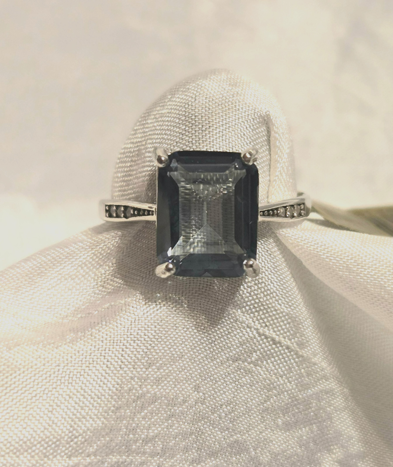 Gorgeous Sterling Silver Emerald Cut Iolite Ring with White Topaz Accents