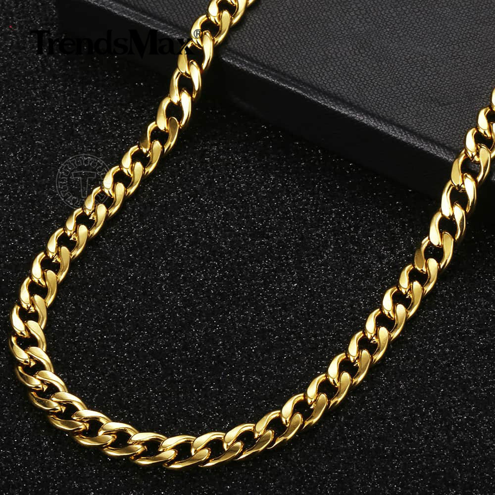 8mm 24″ Gold Plated Stainless Steel Curb Cuban Link Chain Necklace