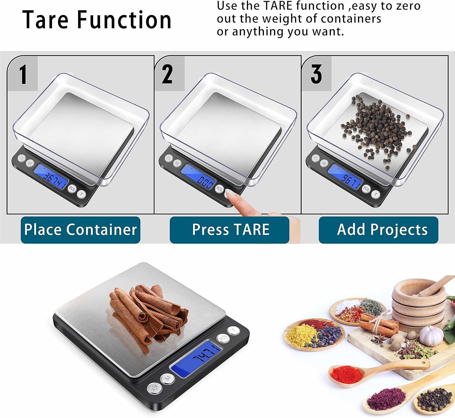 Compact Digital Scale with TARE Function & 2 Trays – Weigh Food, Herbs & Jewelry